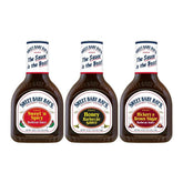 Sweet Baby Ray's pack frente mostrando tres botellas útil para elegir sabor