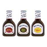 Sweet Baby Ray's pack frontal mostrando tres botellas, práctico y sabroso
