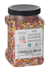 Sweet Eva’s frasco frontal mostrando sprinkles y envase resellable, fácil almacenamiento