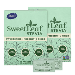 SweetLeaf frente del empaque mostrando 70 sobres y ventaja práctico