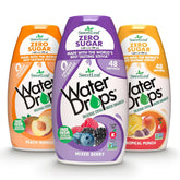 SweetLeaf pack frontal de 3 botellas mostrando sabores y formato portátil beneficioso