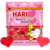 SWEETSIDE CANDY CO. bolsa frontal mostrando corazones llamativos y fácil compartir