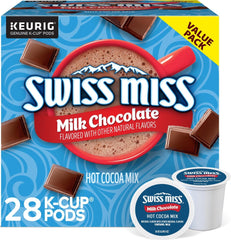 Swiss Miss empaque frontal mostrando cápsulas K-Cup y ventaja de conveniencia