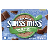 Swiss Miss frente del empaque muestra cantidad y beneficio práctico
