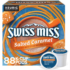 Swiss Miss frente del empaque mostrando sabor caramelo salado y conveniencia