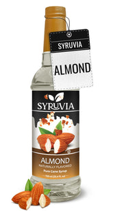 SYRUVIA botella frontal mostrando jarabe almendra y apariencia atractiva