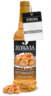 Syruvia botella frontal con jarabe de butterscotch mostrando etiqueta y beneficio de sabor mantecoso