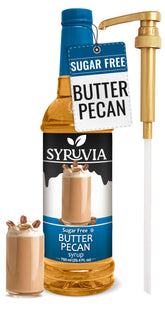 SYRUVIA botella frontal Butter Pecan mostrando etiqueta y beneficio sin azúcar
