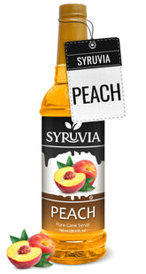 SYRUVIA botella frontal mostrando durazno y beneficio de sabor consistente