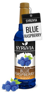 SYRUVIA botella frontal con jarabe frambuesa azul, color llamativo y uso versátil