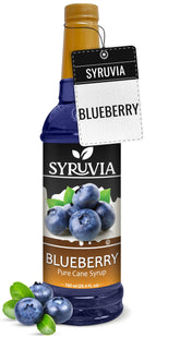 Syruvia botella frontal con color azul, muestra sabor arándano vibrante