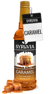 Syruvia botella frente con caramelo, apariencia atractiva y uso inmediato