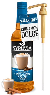 SYRUVIA botella frontal Cinnamon Dolce mostrando el envase y beneficio de sabor consistente