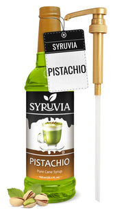 SYRUVIA botella frontal de pistacho mostrando tamaño y práctico dispensador