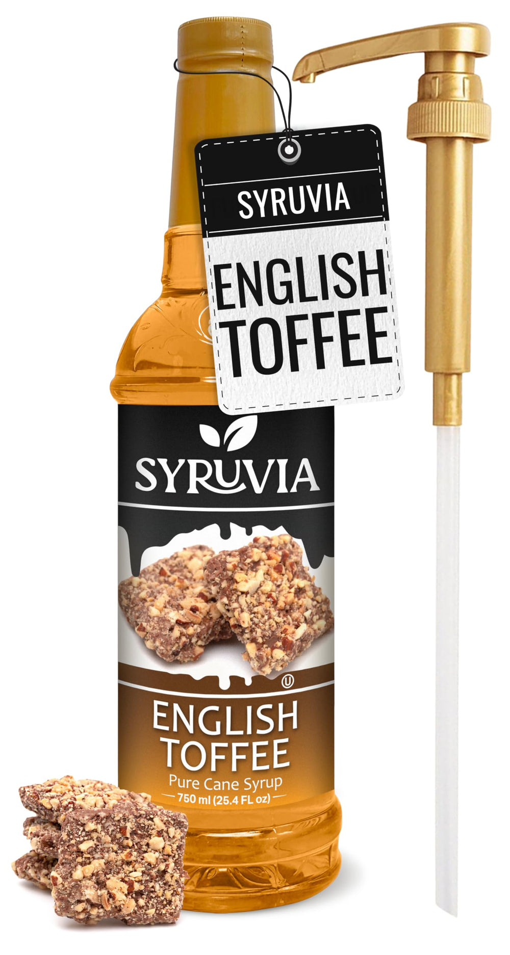 SYRUVIA botella de frente con sabor English Toffee, identifica producto y encanto