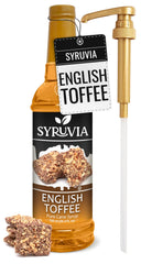 SYRUVIA botella de frente con sabor English Toffee, identifica producto y encanto