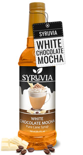 SYRUVIA botella frontal mostrando presentación y sabor mocha blanco beneficiosa para personalizar cafés