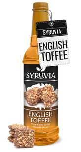 SYRUVIA frente del envase mostrando la botella y sabor toffee