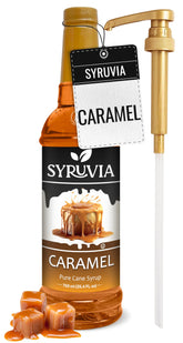 SYRUVIA botella frontal de caramelo mostrando el envase y su aroma atractivo