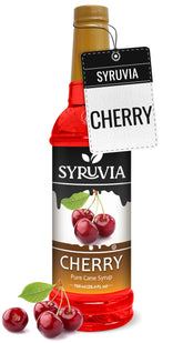 SYRUVIA botella frontal de jarabe de cereza mostrando volumen y etiqueta clara