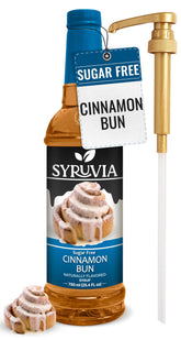 SYRUVIA botella frontal Cinnamon Bun mostrando etiqueta y capacidad