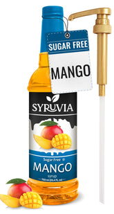 SYRUVIA botella frontal de jarabe de mango sin azúcar mostrando etiqueta y tamaño