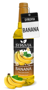 SYRUVIA envase frontal de jarabe de banana mostrando etiqueta y volumen como beneficio práctico