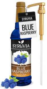 SYRUVIA botella frontal con jarabe frambuesa azul, presentación clara y color vibrante