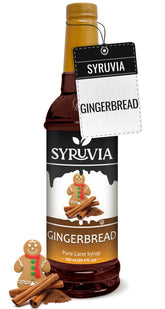 Syruvia botella frente mostrando etiqueta y sabor gingerbread para uso fácil