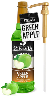SYRUVIA botella frontal manzana verde muestra el envase y ventaja de dosificador