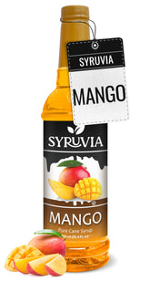 SYRUVIA jarabe de mango frente de la botella mostrando etiqueta y tamaño