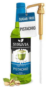 SYRUVIA botella frontal de pistacho sin azúcar mostrando tamaño y marca, ideal para preparar lattes