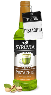 Syruvia jarabe pistacho vista frontal muestra botella y etiqueta nutritiva