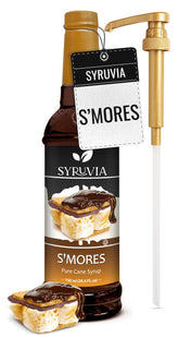 SYRUVIA botella frontal S'mores mostrando etiqueta clara y tamaño