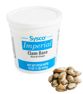 Sysco Clam Base frasco frontal mostrando etiqueta y peso 16 oz, conveniencia