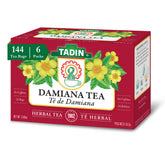 Tadin té de damiana vista frontal con caja y bolsitas, presentación clara