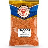 TAJ Masoor Dal paquete frontal mostrando peso y calidad
