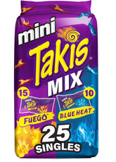 Takis vista frontal del multipack mostrando 25 bolsitas prácticas