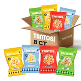 Tantos frente del paquete mostrando variedad de sabores y diseño atractivo