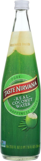Taste Nirvana botella frontal de vidrio grande mostrando etiqueta y capacidad