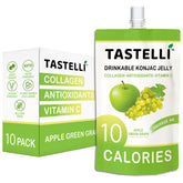 Tastelli envase frontal mostrando sobres y sabor manzana uva verde, práctico y bajo calorías