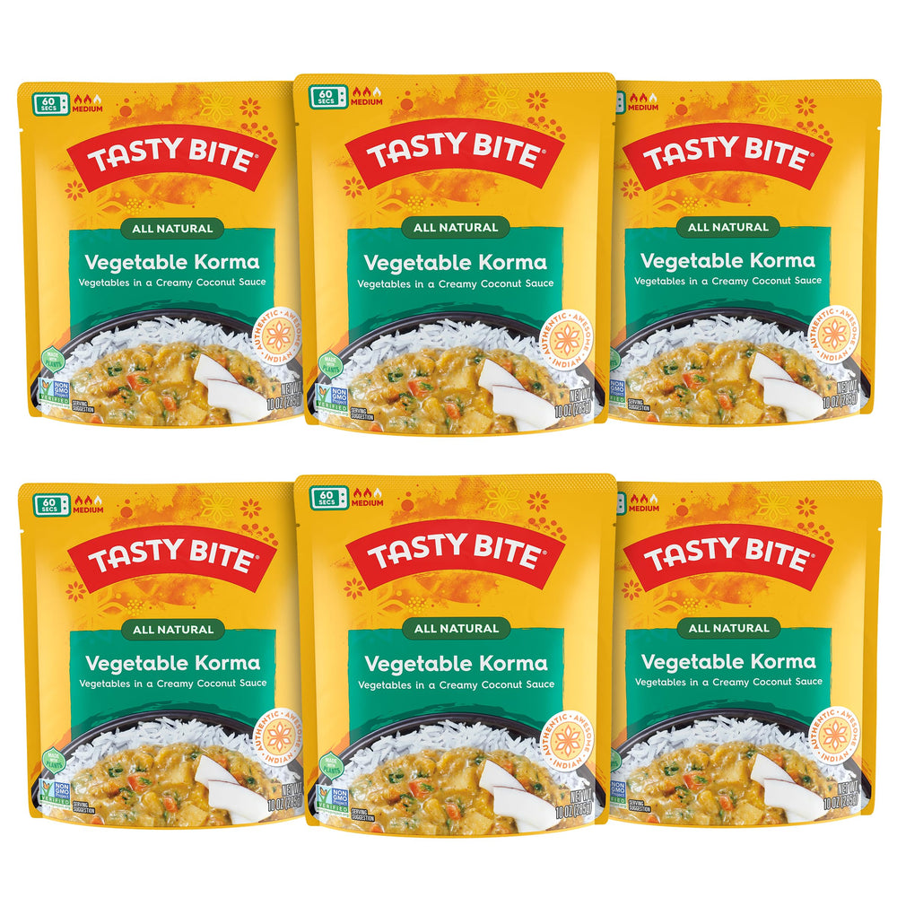 Tasty Bite frente del envase mostrando etiquetado y porción rápida