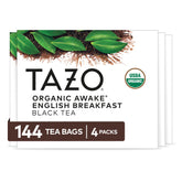 TAZO paquete frontal mostrando 144 bolsitas y certificaciones, conveniencia