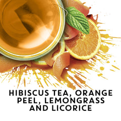 TAZO vaso con té helado, hielo y rodaja de naranja, presenta refresco cítrico listo para beber