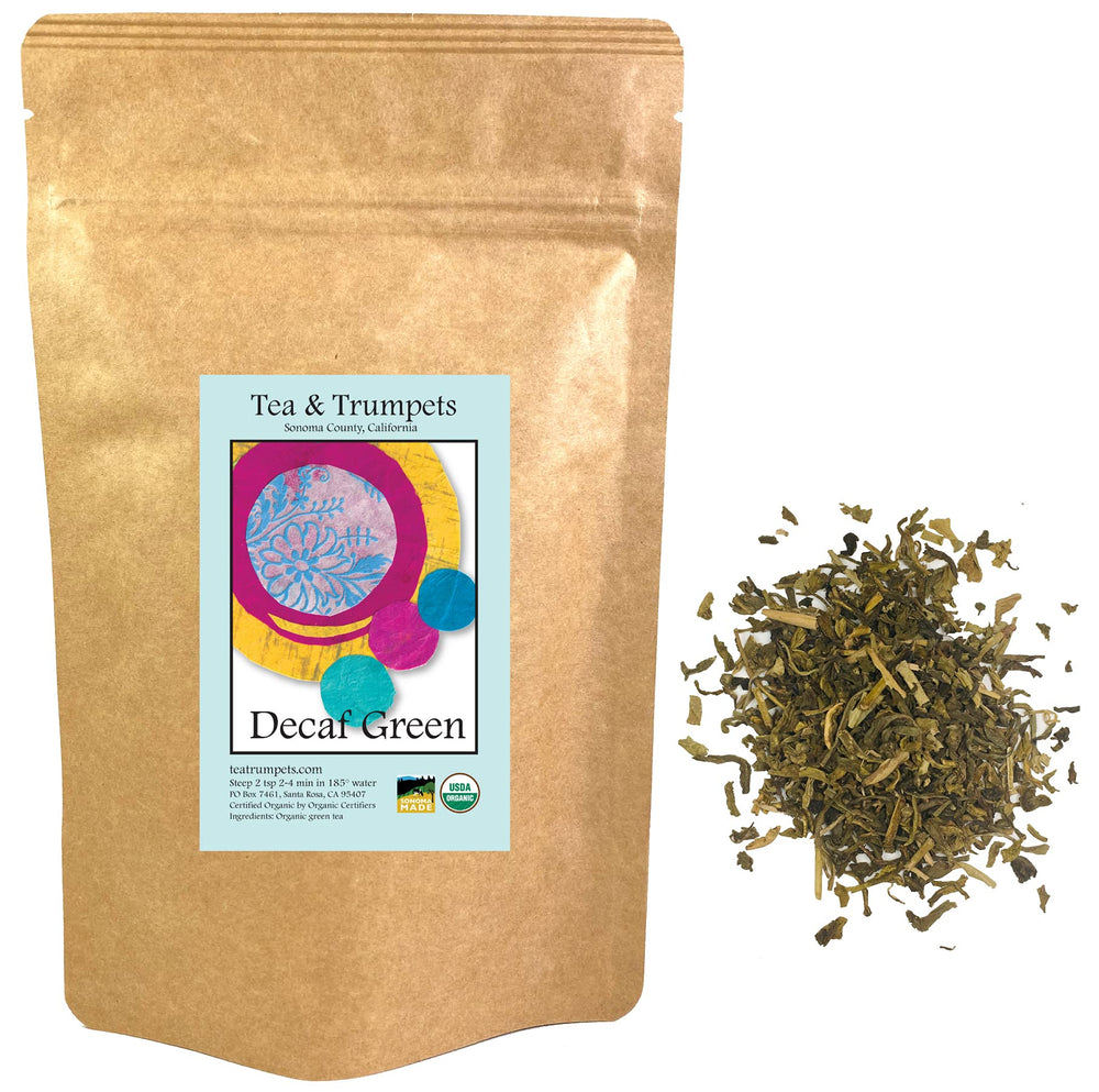 Tea & Trumpets empaque frontal 4 oz mostrando sello orgánico y beneficio de frescura