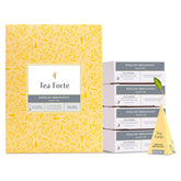 Tea Forte caja frontal mostrando 40 infusores, elegante presentación para eventos