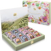 Teabloom caja frontal mostrando 12 tés florales y atractivo regalo