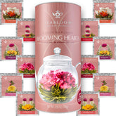 Teabloom empaque frontal con 12 corazones mostrando variedad y conveniencia