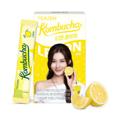 TEAZEN empaque frontal limón kombucha mostrando sobres y marca