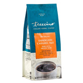 Teeccino empaque frontal mostrando sabor caramelo y almendra, atractivo visual